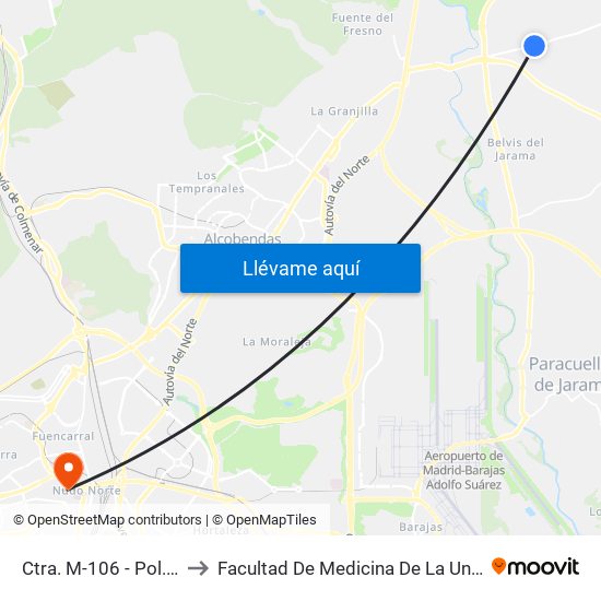 Ctra. M-106 - Pol. Ind. Río De Janeiro to Facultad De Medicina De La Universidad Autónoma De Madrid map