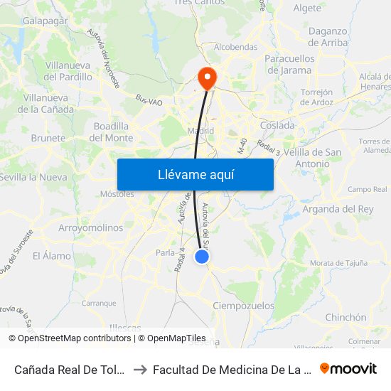 Cañada Real De Toledo - Pza. Las Mercedes to Facultad De Medicina De La Universidad Autónoma De Madrid map