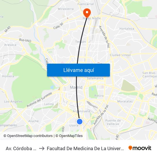 Av. Córdoba - Gta. Cádiz to Facultad De Medicina De La Universidad Autónoma De Madrid map