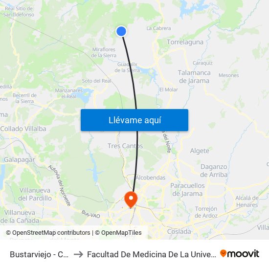 Bustarviejo - Ctra. Miraflores to Facultad De Medicina De La Universidad Autónoma De Madrid map