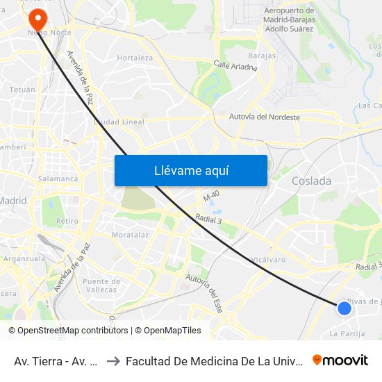 Av. Tierra - Av. Ocho De Marzo to Facultad De Medicina De La Universidad Autónoma De Madrid map