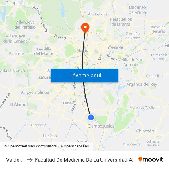 Valdemoro to Facultad De Medicina De La Universidad Autónoma De Madrid map