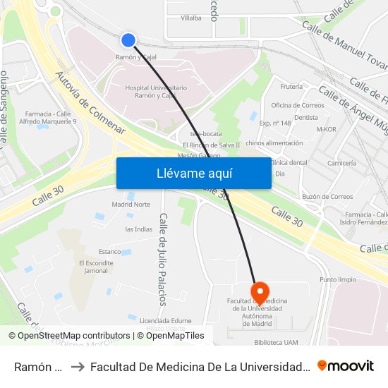 Ramón Y Cajal to Facultad De Medicina De La Universidad Autónoma De Madrid map