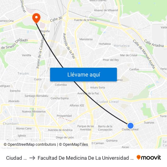 Ciudad Lineal to Facultad De Medicina De La Universidad Autónoma De Madrid map