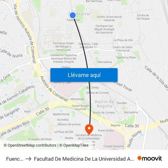 Fuencarral to Facultad De Medicina De La Universidad Autónoma De Madrid map