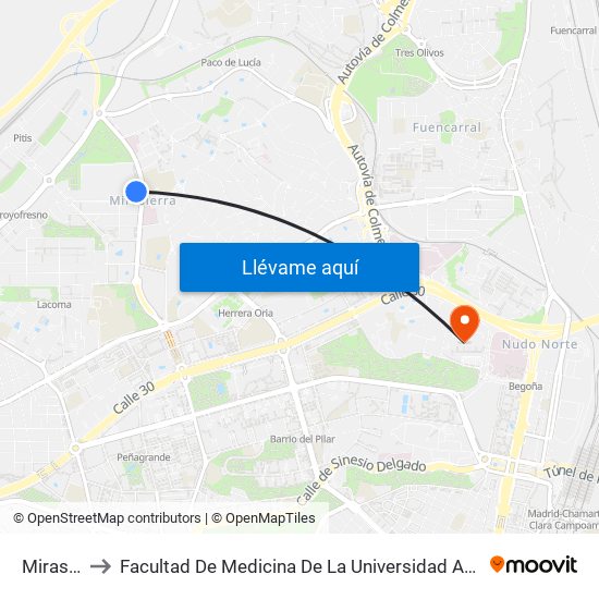 Mirasierra to Facultad De Medicina De La Universidad Autónoma De Madrid map