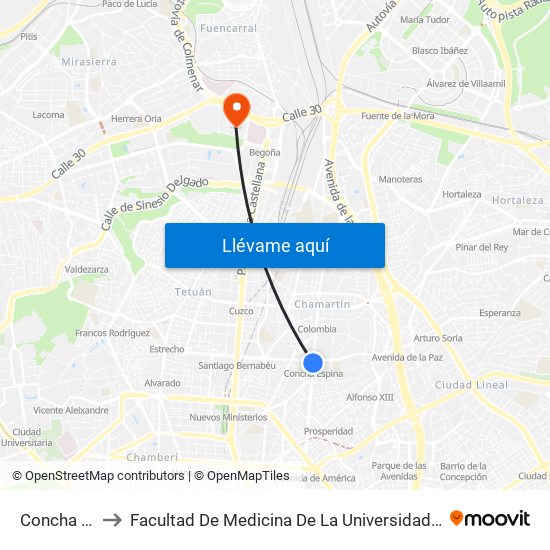 Concha Espina to Facultad De Medicina De La Universidad Autónoma De Madrid map