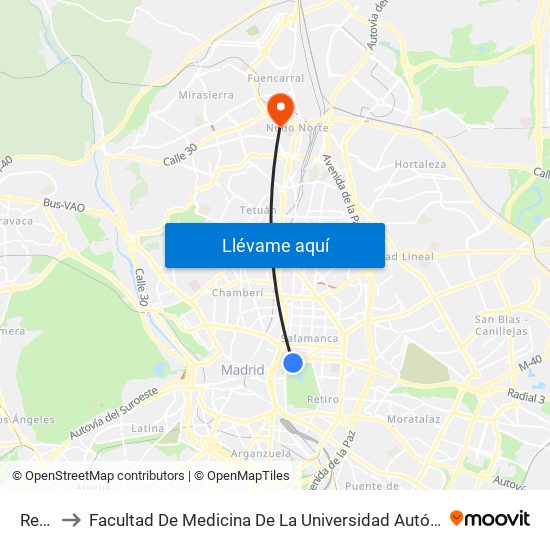 Retiro to Facultad De Medicina De La Universidad Autónoma De Madrid map