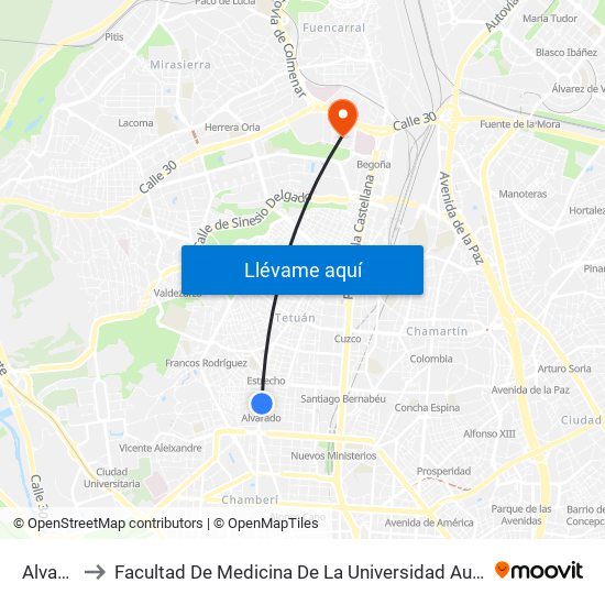Alvarado to Facultad De Medicina De La Universidad Autónoma De Madrid map