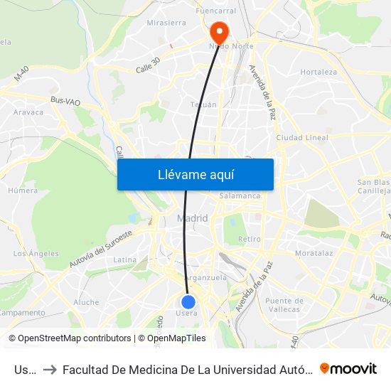 Usera to Facultad De Medicina De La Universidad Autónoma De Madrid map