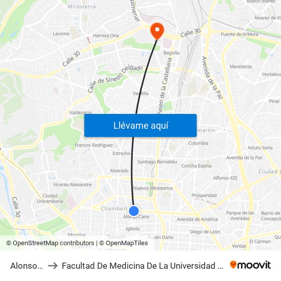 Alonso Cano to Facultad De Medicina De La Universidad Autónoma De Madrid map