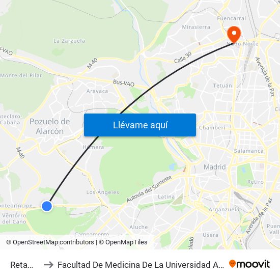 Retamares to Facultad De Medicina De La Universidad Autónoma De Madrid map