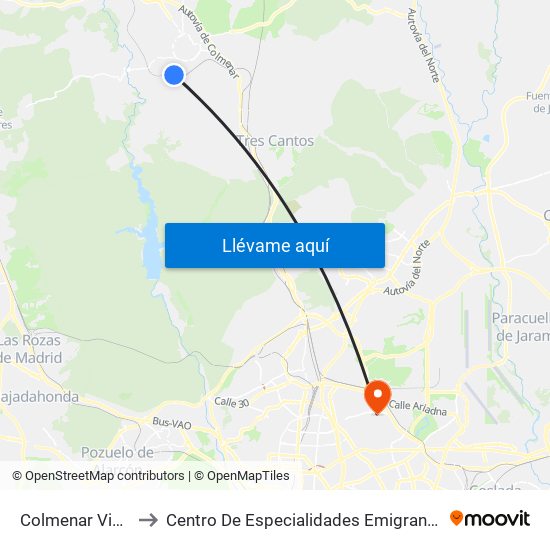 Colmenar Viejo to Centro De Especialidades Emigrantes map