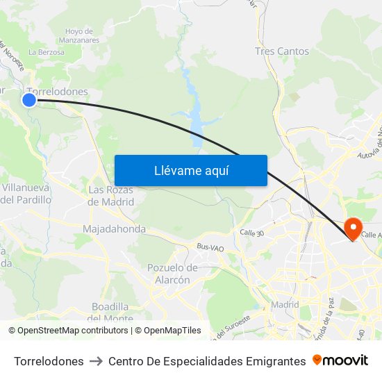 Torrelodones to Centro De Especialidades Emigrantes map