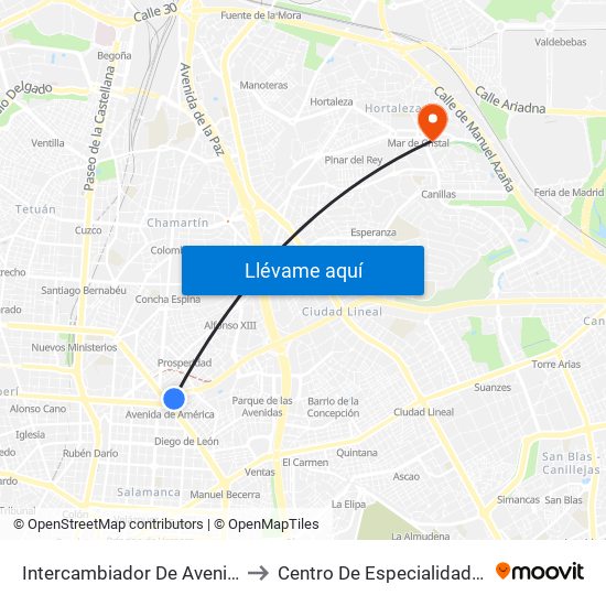 Intercambiador De Avenida De América to Centro De Especialidades Emigrantes map