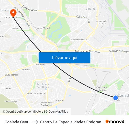 Coslada Central to Centro De Especialidades Emigrantes map