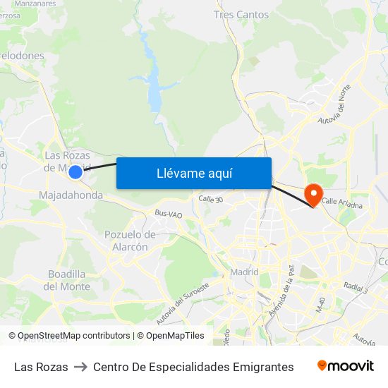 Las Rozas to Centro De Especialidades Emigrantes map