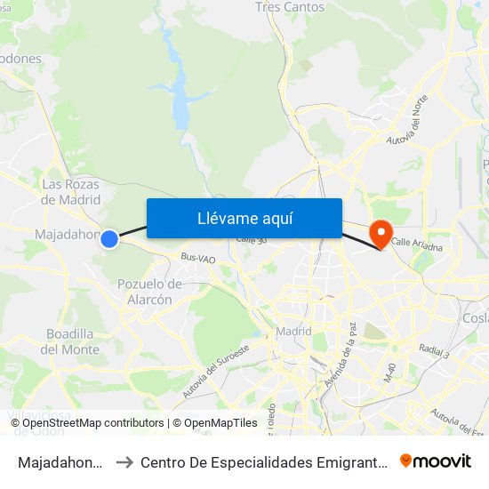 Majadahonda to Centro De Especialidades Emigrantes map