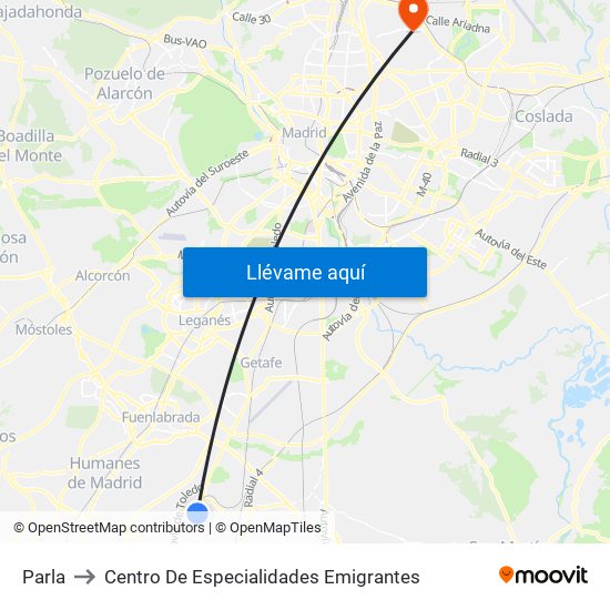 Parla to Centro De Especialidades Emigrantes map