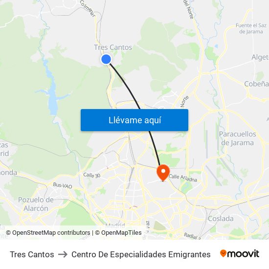 Tres Cantos to Centro De Especialidades Emigrantes map