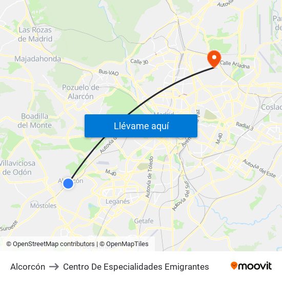 Alcorcón to Centro De Especialidades Emigrantes map