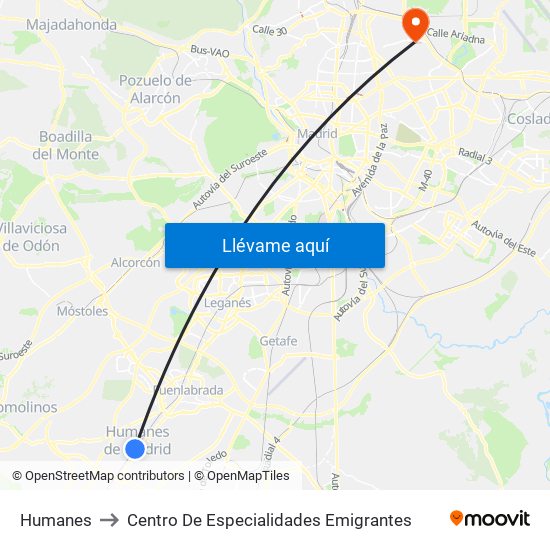 Humanes to Centro De Especialidades Emigrantes map