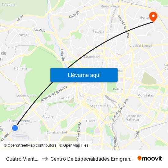 Cuatro Vientos to Centro De Especialidades Emigrantes map