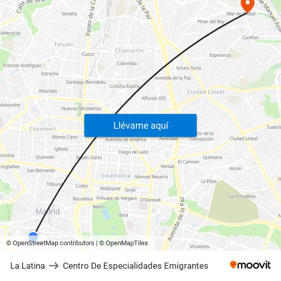 La Latina to Centro De Especialidades Emigrantes map