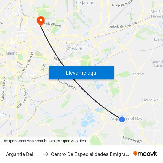 Arganda Del Rey to Centro De Especialidades Emigrantes map