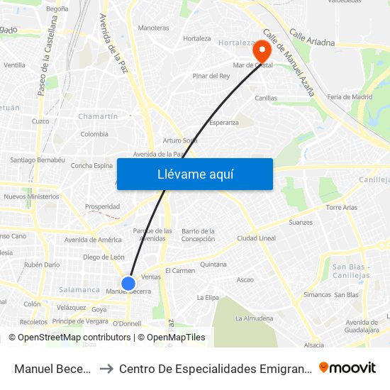 Manuel Becerra to Centro De Especialidades Emigrantes map
