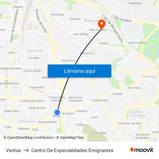 Ventas to Centro De Especialidades Emigrantes map