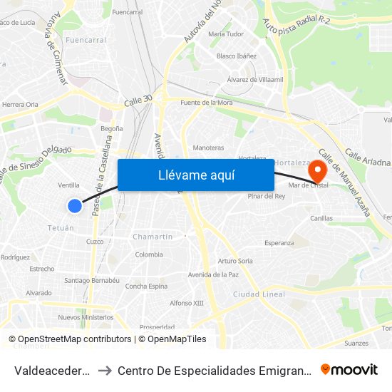 Valdeacederas to Centro De Especialidades Emigrantes map