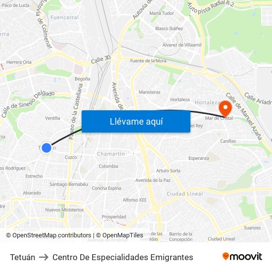 Tetuán to Centro De Especialidades Emigrantes map
