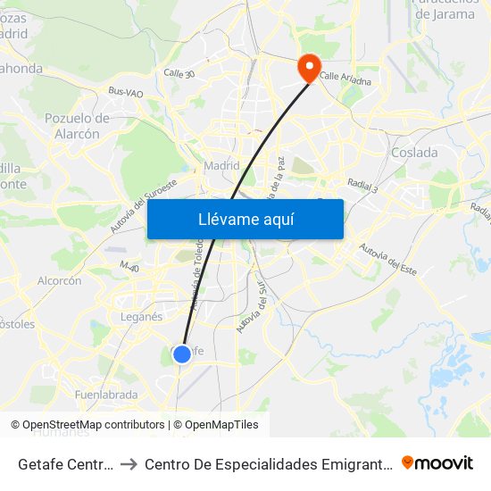 Getafe Central to Centro De Especialidades Emigrantes map