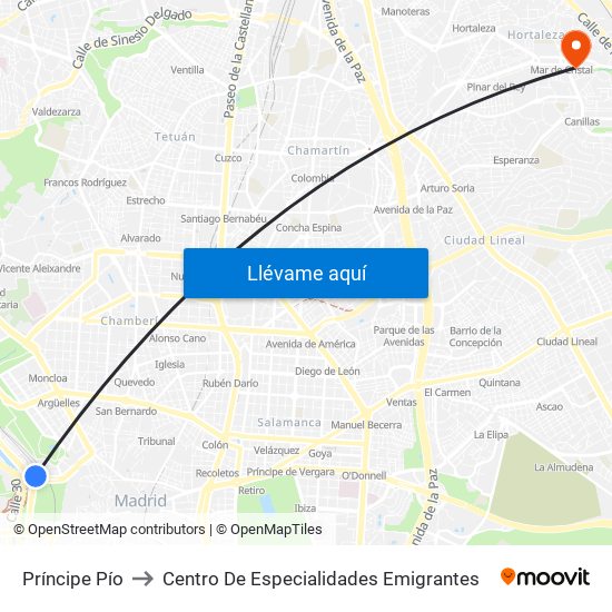 Príncipe Pío to Centro De Especialidades Emigrantes map
