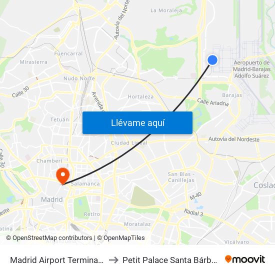 Madrid Airport Terminal 4 to Petit Palace Santa Bárbara map