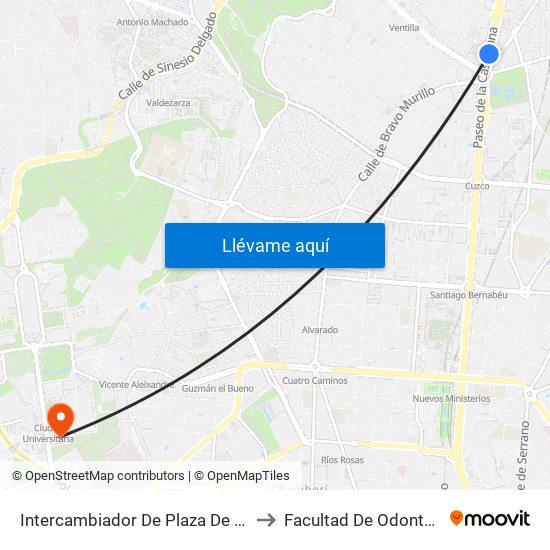 Intercambiador De Plaza De Castilla to Facultad De Odontología map