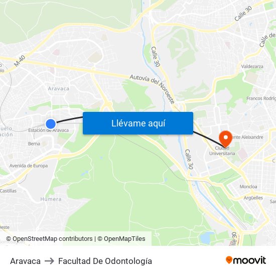 Aravaca to Facultad De Odontología map