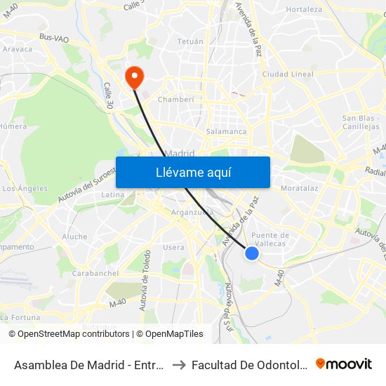 Asamblea De Madrid - Entrevías to Facultad De Odontología map