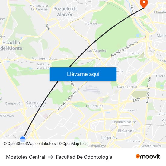 Móstoles Central to Facultad De Odontología map