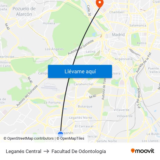 Leganés Central to Facultad De Odontología map