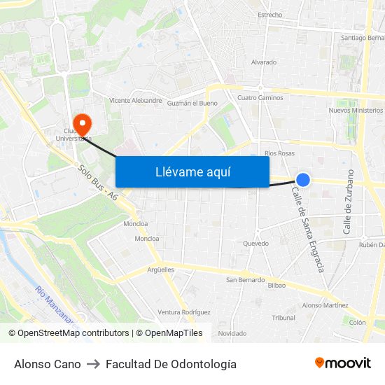 Alonso Cano to Facultad De Odontología map