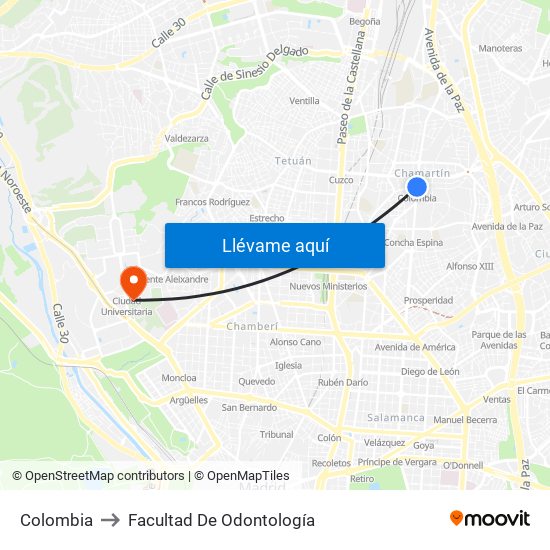 Colombia to Facultad De Odontología map