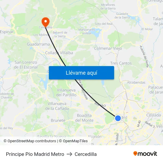 Príncipe Pío Madrid Metro to Cercedilla map