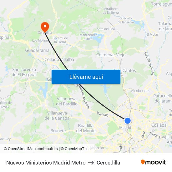 Nuevos Ministerios Madrid Metro to Cercedilla map