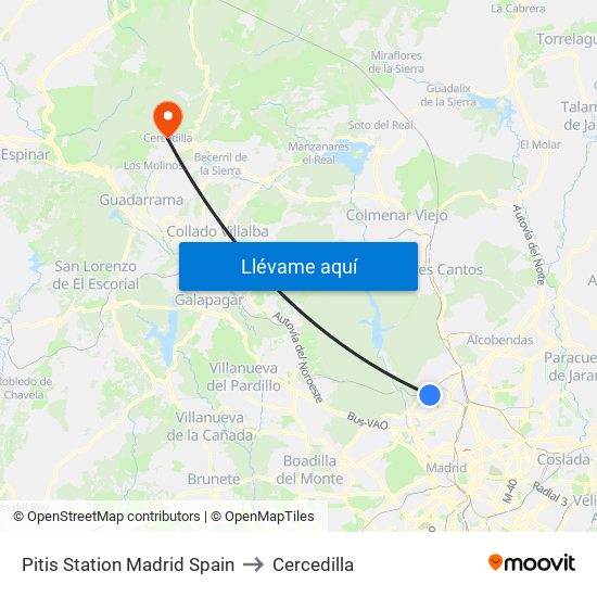 Pitis Station Madrid Spain to Cercedilla map