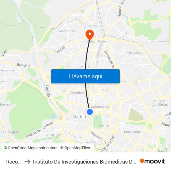 Recoletos to Instituto De Investigaciones Biomédicas De Madrid ""Alberto Sols"" map