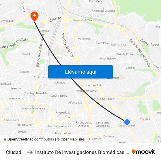 Ciudad Lineal to Instituto De Investigaciones Biomédicas De Madrid ""Alberto Sols"" map