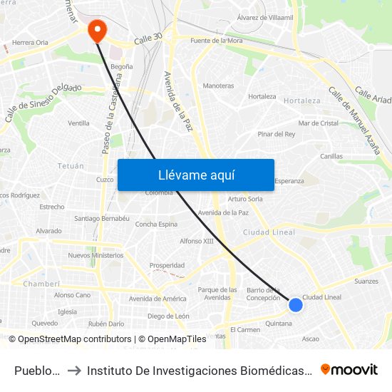 Pueblo Nuevo to Instituto De Investigaciones Biomédicas De Madrid ""Alberto Sols"" map