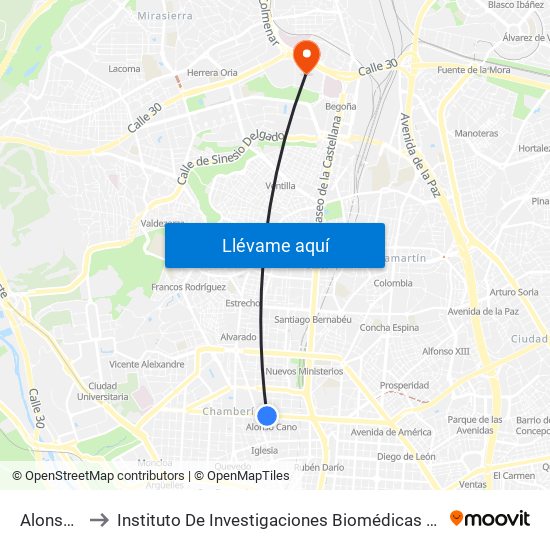 Alonso Cano to Instituto De Investigaciones Biomédicas De Madrid ""Alberto Sols"" map